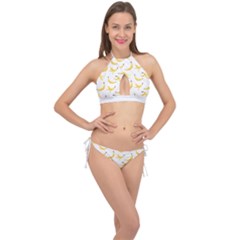 Yellow Banana And Peels Pattern With Polygon Retro Style Cross Front Halter Bikini Set by genx