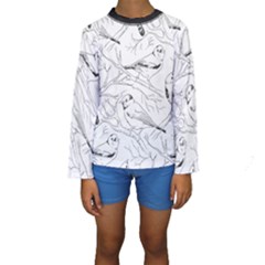Birds Hand Drawn Outline Black And White Vintage Ink Kids  Long Sleeve Swimwear by genx