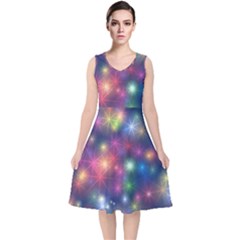 Abstract Background Graphic Space V-neck Midi Sleeveless Dress  by Bajindul
