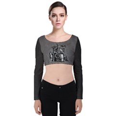 Odin On His Throne With Ravens Wolf On Black Stone Texture Velvet Long Sleeve Crop Top by snek