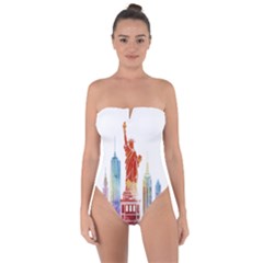 New York City Poster Watercolor Painting Illustrat Tie Back One Piece Swimsuit by Sudhe