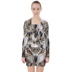 Vector Hand Painted Owl V-neck Bodycon Long Sleeve Dress by Sudhe