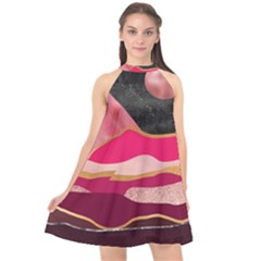 Pink And Black Abstract Mountain Landscape Halter Neckline Chiffon Dress  by charliecreates