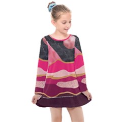 Pink And Black Abstract Mountain Landscape Kids  Long Sleeve Dress by charliecreates