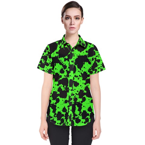 Black And Green Leopard Style Paint Splash Funny Pattern Women s Short Sleeve Shirt by yoursparklingshop