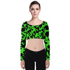 Black And Green Leopard Style Paint Splash Funny Pattern Velvet Long Sleeve Crop Top by yoursparklingshop