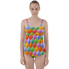 Background Colorful Geometric Triangle Rainbow Twist Front Tankini Set by HermanTelo