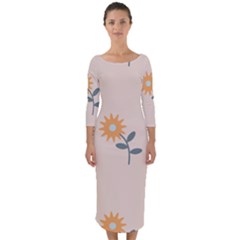 Flowers Continuous Pattern Nature Quarter Sleeve Midi Bodycon Dress