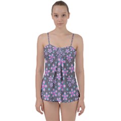 Seamless Pattern Flowers Pink Babydoll Tankini Set