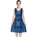 Blue Geometric Flower Dark Mirror V-Neck Midi Sleeveless Dress 
