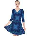 Blue Geometric Flower Dark Mirror Quarter Sleeve Front Wrap Dress