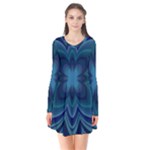Blue Geometric Flower Dark Mirror Long Sleeve V-neck Flare Dress