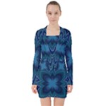 Blue Geometric Flower Dark Mirror V-neck Bodycon Long Sleeve Dress