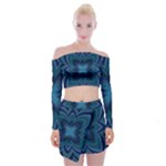 Blue Geometric Flower Dark Mirror Off Shoulder Top with Mini Skirt Set