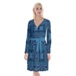 Blue Geometric Flower Dark Mirror Long Sleeve Velvet Front Wrap Dress
