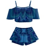 Blue Geometric Flower Dark Mirror Kids  Off Shoulder Skirt Bikini