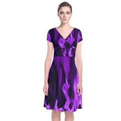Smoke Flame Abstract Purple Short Sleeve Front Wrap Dress
