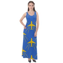 Aircraft Texture Blue Yellow Sleeveless Velour Maxi Dress