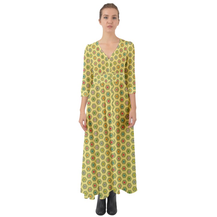 Hexagonal Pattern Unidirectional Yellow Button Up Boho Maxi Dress