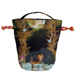 Cute Fairy With Awesome Wolf In The Night Drawstring Bucket Bag by FantasyWorld7