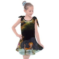 Cute Fairy With Awesome Wolf In The Night Kids  Tie Up Tunic Dress by FantasyWorld7