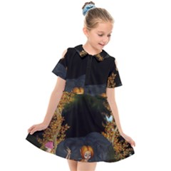 Cute Fairy With Awesome Wolf In The Night Kids  Short Sleeve Shirt Dress by FantasyWorld7