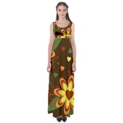 Floral Hearts Brown Green Retro Empire Waist Maxi Dress