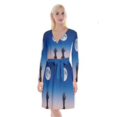 Moon Sky Blue Hand Arm Night Long Sleeve Velvet Front Wrap Dress by HermanTelo