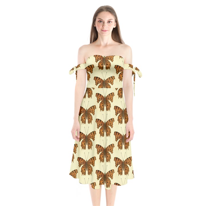 Butterflies Insects Pattern Shoulder Tie Bardot Midi Dress