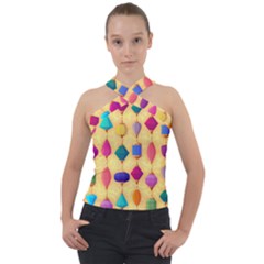 Colorful Background Stones Jewels Cross Neck Velour Top