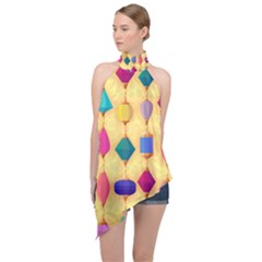 Colorful Background Stones Jewels Halter Asymmetric Satin Top