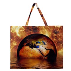 Earth Globe Water Fire Flame Zipper Large Tote Bag