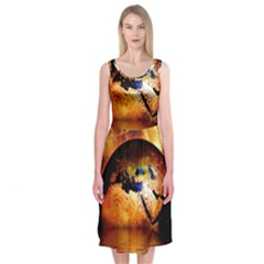 Earth Globe Water Fire Flame Midi Sleeveless Dress by HermanTelo
