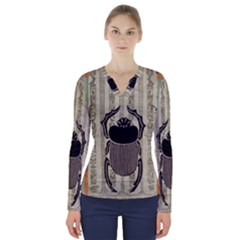 Egyptian Design Beetle V-neck Long Sleeve Top by Sapixe