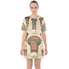 Egyptian Architecture Column Sixties Short Sleeve Mini Dress by Sapixe