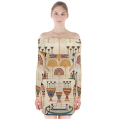 Egyptian Paper Papyrus Hieroglyphs Long Sleeve Off Shoulder Dress by Sapixe