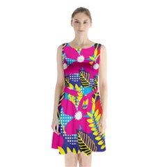 Pattern Leaf Polka Rainbow Sleeveless Waist Tie Chiffon Dress by HermanTelo