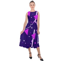 Purple Blue Geometric Pattern Midi Tie-back Chiffon Dress