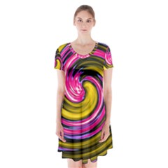Swirl Vortex Motion Pink Yellow Short Sleeve V-neck Flare Dress
