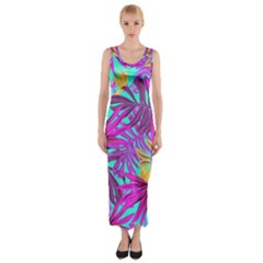 Tropical Greens Pink Leaves Fitted Maxi Dress