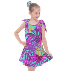 Tropical Greens Pink Leaves Kids  Tie Up Tunic Dress
