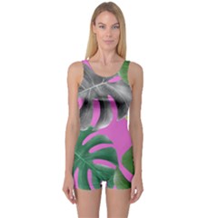 Tropical Greens Pink Leaf One Piece Boyleg Swimsuit by HermanTelo