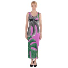 Tropical Greens Pink Leaf Fitted Maxi Dress by HermanTelo