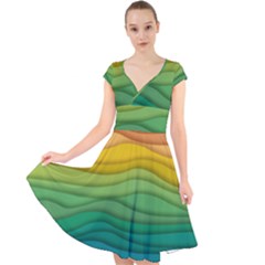 Waves Texture Cap Sleeve Front Wrap Midi Dress