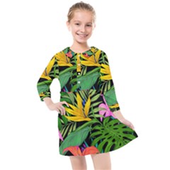 Tropical Greens Leaves Kids  Quarter Sleeve Shirt Dress