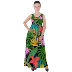 Tropical Greens Leaves Empire Waist Velour Maxi Dress