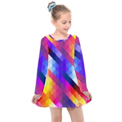 Abstract Blue Background Colorful Pattern Kids  Long Sleeve Dress