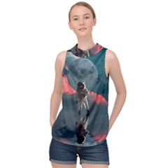 Astronaut Moon Space Planet High Neck Satin Top by Pakrebo