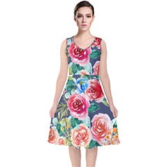 Watercolour Floral  V-neck Midi Sleeveless Dress  by charliecreates