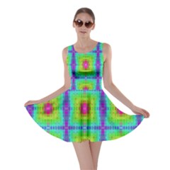 Groovy Yellow Pink Purple Square Pattern Skater Dress by BrightVibesDesign
